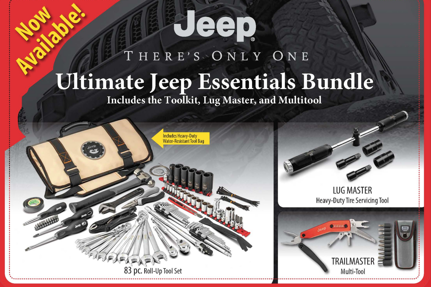 Advertisement for Jeep Ultimate Essentials Bundle with tools and accessories on a red background