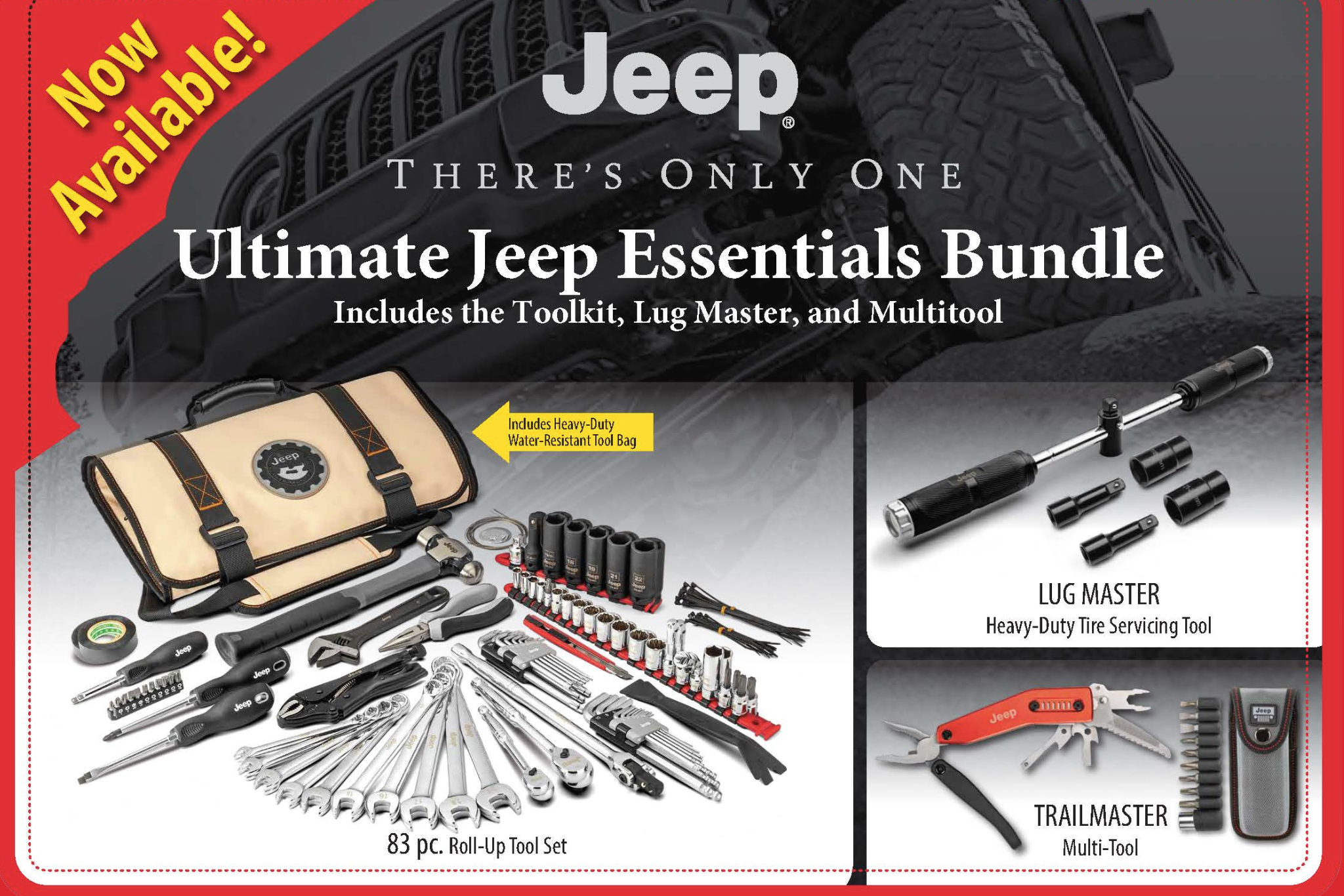 Advertisement for Jeep Ultimate Essentials Bundle with tools and accessories on a red background