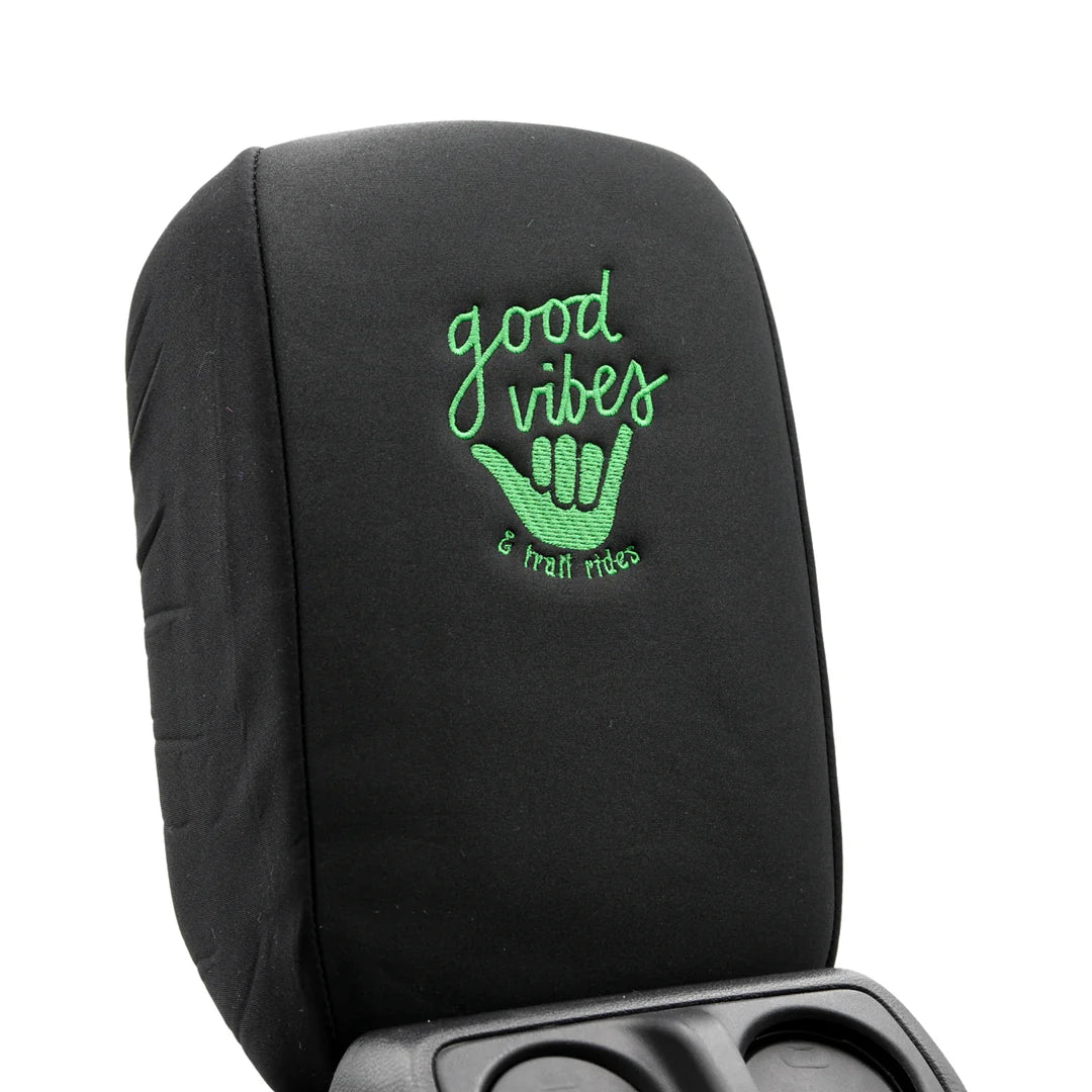 Distinction Applied Embroidered Armrest Center Console Cover "Good Vibes"