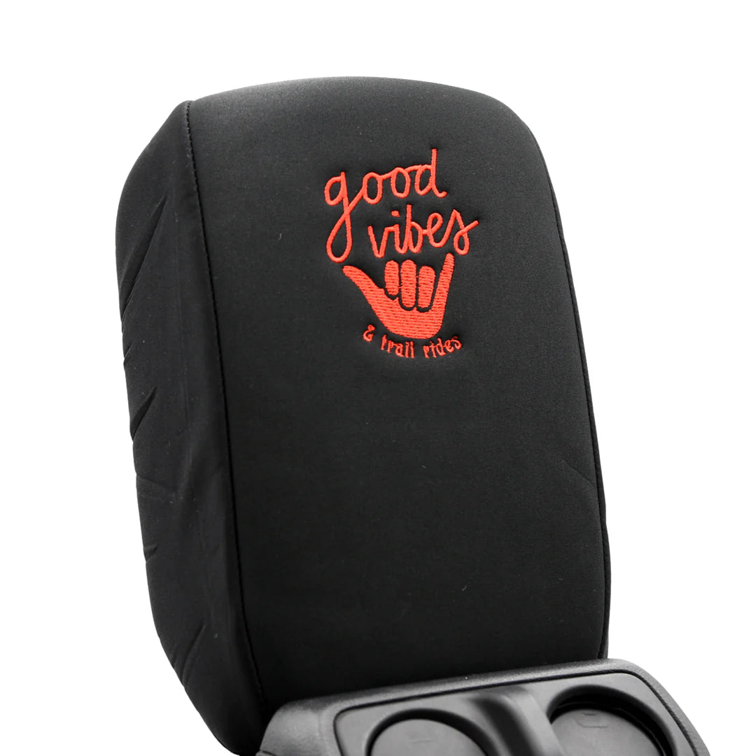 Distinction Applied Embroidered Armrest Center Console Cover "Good Vibes"