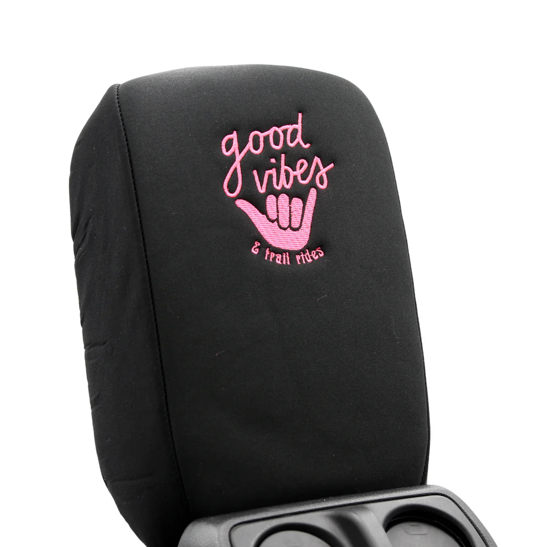 Distinction Applied Embroidered Armrest Center Console Cover "Good Vibes"